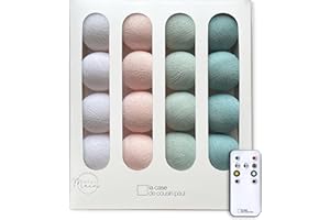 La Case de Cousin Paul Guirlande Lumineuse Chambre Enfant Boules Tissées LED, Télécommande, Programmable, USB, Fabriquée à la Main, Artisanale - 16 Boules (Nymphéas)