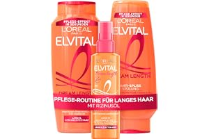 L'Oréal Paris Elvital Dream längd Set: Shampoo 300 ml, balsam 250 ml & värmeskyddsspray 150 ml, mot kluvna toppar, med ricino