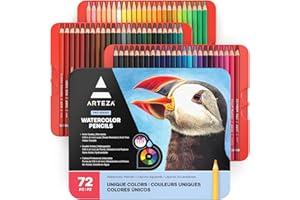 ARTEZA Crayons De Couleur Aquarelle En Bois Boîte Rangement Métal Set De 72, Crayons Aquarelle Pour Dessin D'art Dans Des Tons Assortis Lumineux, Idéal Pour Les Artistes Débutants Et Professionnels