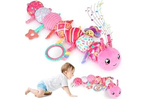 ZENDSTANDING Baby Girls Toys 6-12 Months - Infant Sensory Music Animal Stuffed Caterpillar Toy with Rattle & Mirror Crinkle for Tummy Time, Newborn 0 3 6 9 12 18 Shower Gifts Soothing Companion Toys, Pink