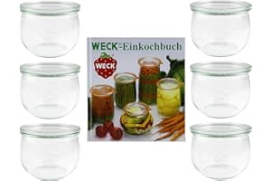 Weck 42578 Set di 6 vasetti per Conserve con Libro di Cottura, 144 Pagine Tulipengals 500 ml Bordo Rotondo 100 mm, Vetro
