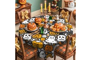 iEvery Halloween Round Table Cloth Wipe Clean, Wipeable Pumpkin Ghost Skull Tablecloth Circular, Halloween Decorations Outdoor Table Cover Polyester Waterproof for Kitchen Party 150cm