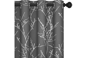 Deconovo Blackout Curtains Eyelet, Silver Tree Branches Printed Curtains for Living Room, Grey, 46 x 90 Inch (Width x Length), 2 Panels