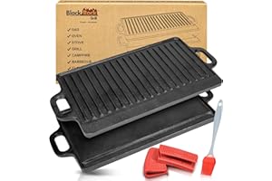 Black Rock Grill Cast Iron Griddle Reversible Pan - BBQ Griddle Plate for Gas bbq, Electric or Gas Hob, Oven- 46cm x 23cm (18 inch x 9 inch), Includes Silicone Grip Handles & Marinating Food Oil Brush