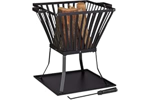 Relaxdays, noir Panier à feu XL avec tisonnier, Brasero de jardin et terrasse avec emplacement bûches, 56x56,5x45 cm