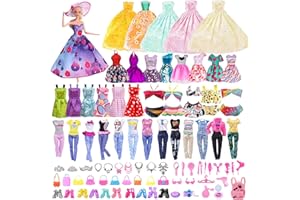 FCXQG 63 Pcs Kleidungsstücke Für Puppen Teiliges Puppenkleidungs Und Zubehörset Puppenkleidung 14 Kleider 3 Halsketten 1 Schulranzen 10 Paar Schuhe 18 Accessoires 4 Taschen 10 Kleiderbügel 3 Kronen