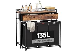 Lifewit Panier a Linge 3 Compartiments Roulettes 135L, Meuble Linge Sale Grande avec 2 Tiroirs et 3 Sac à Linge en Tissu Oxford, Bac à Linge pour Buanderie, Chambres, Salles de Bains, Noir