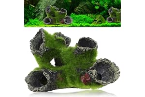 HPIANO Aquarium Rock Cave Dekoration mit Grün Gras für Fische Garnelen Verstecken Aquarium Dekoration Harz Aquarium Zubehör,Aquarium Harz Höhle Mountain View Moos Baum Haus