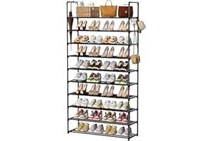 SPUSEN Metal Shoe Rack, 10 Tier Shoe Storage Organizer with Hooks,Fit 40-45Pairs Shoes,Metal Tall Shoe Shelf for Closet,Entryway,Garage,Bedroom,Cloakroom