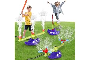 CWLAKON 4-in-1 Water Sprinkler Baseball & Rocket Launcher for Kids, Outdoor Games Summer Water Toys, 2 360° Rotating Sprinkler, 3 Rockets, Outside Backyard Garden Lawn Pool Party Fun for Boys Girls