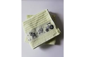 Sue Rossi Ltd 100% Cotton Tea Towels Waffle Embroidered Animal Cooks Cloth Luxury 3 Pack Kitchen Towel Set (Green Farmyard)