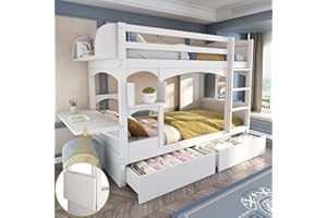 KecDuey Letto a castello per bambini, 90 x 200 cm, letto matrimoniale, con scrivania pieghevole e mensola, con scala e 2 cassetti, senza materasso, legno massello, bianco