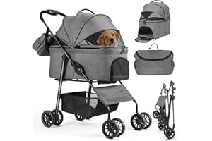 MAMIZO Cochecito para perros 3 en 1, hasta 30 kg, 4 pares de ruedas dobles de 360°, carrito para perros con una bolsa de hombro, plegable, para perros y gatos pequeños, medianos y gatos, nido para