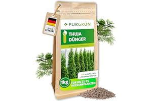Purgrün® Thuja-Dünger 1 kg – Extra Magnesium schützt vor Nadelverfärbungen – Fördert schnelles Wachstum für eine dichte Hecke – Tonmineralien für einen gesunden Boden – Granulat für ca. 25 Pflanzen