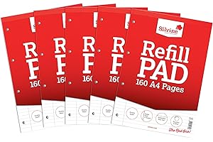 Silvine 160 Page A4 Refill Pad, Head Bound and Punched 4 Holes. Ruled 8mm Feint with Margin [Pack of 5], White