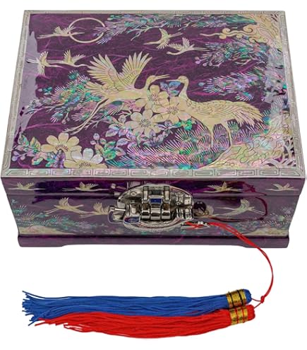 Boîte à Bijoux Verrouillable En Bois Nacré – Intérieur Velours à 2 Étages – Motif Paon & Fleurs – Cadeau Luxe Pour Femme