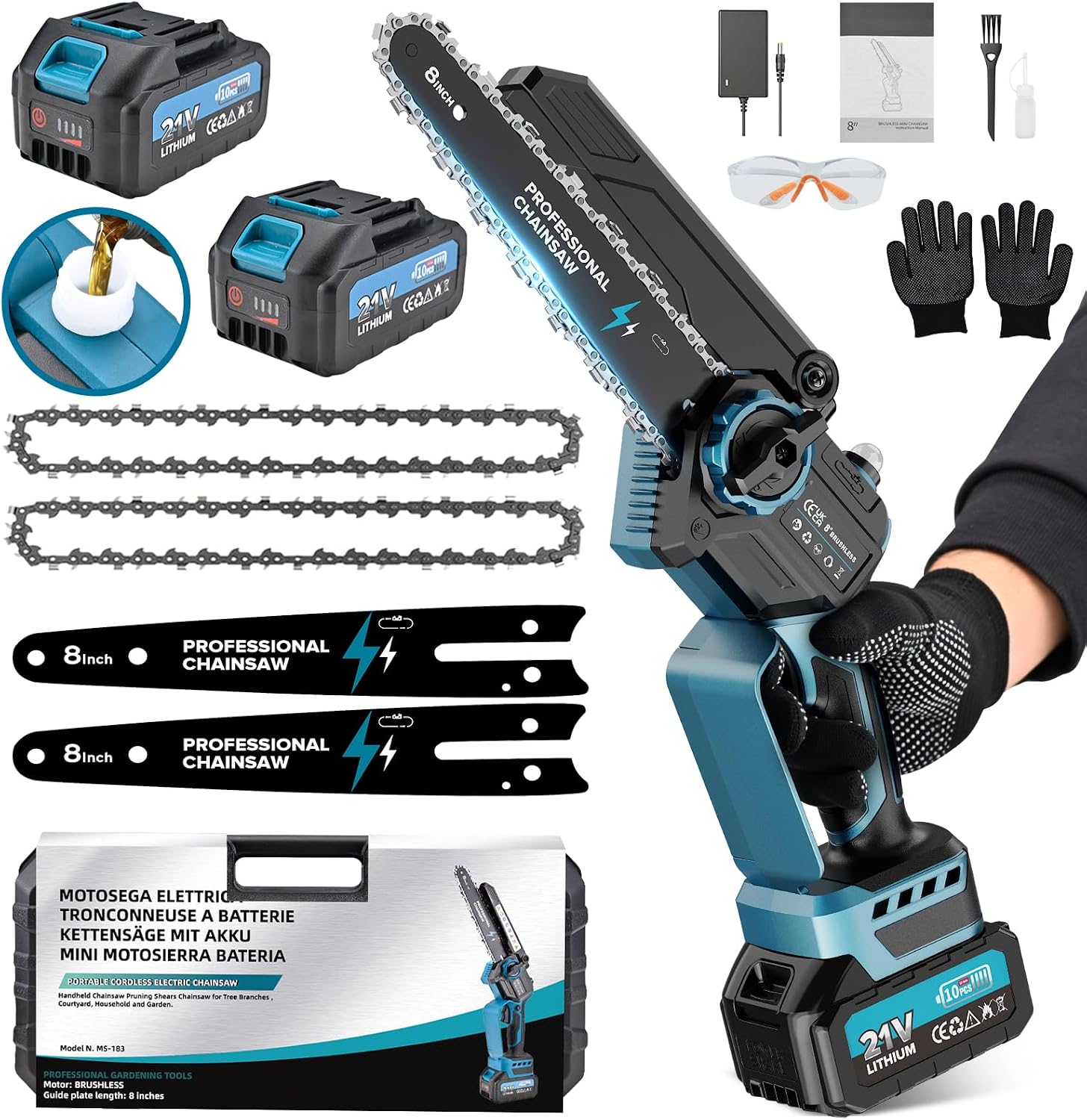Mini Motosierra Bateria, 8000mAh Sierra Eléctrica Bateria Motor sin Escobillas 8 Pulgadas, con El Aceite y 2 Baterías, Motosierra Inalámbrica Portátil para Podar, Árboles (1200W)
