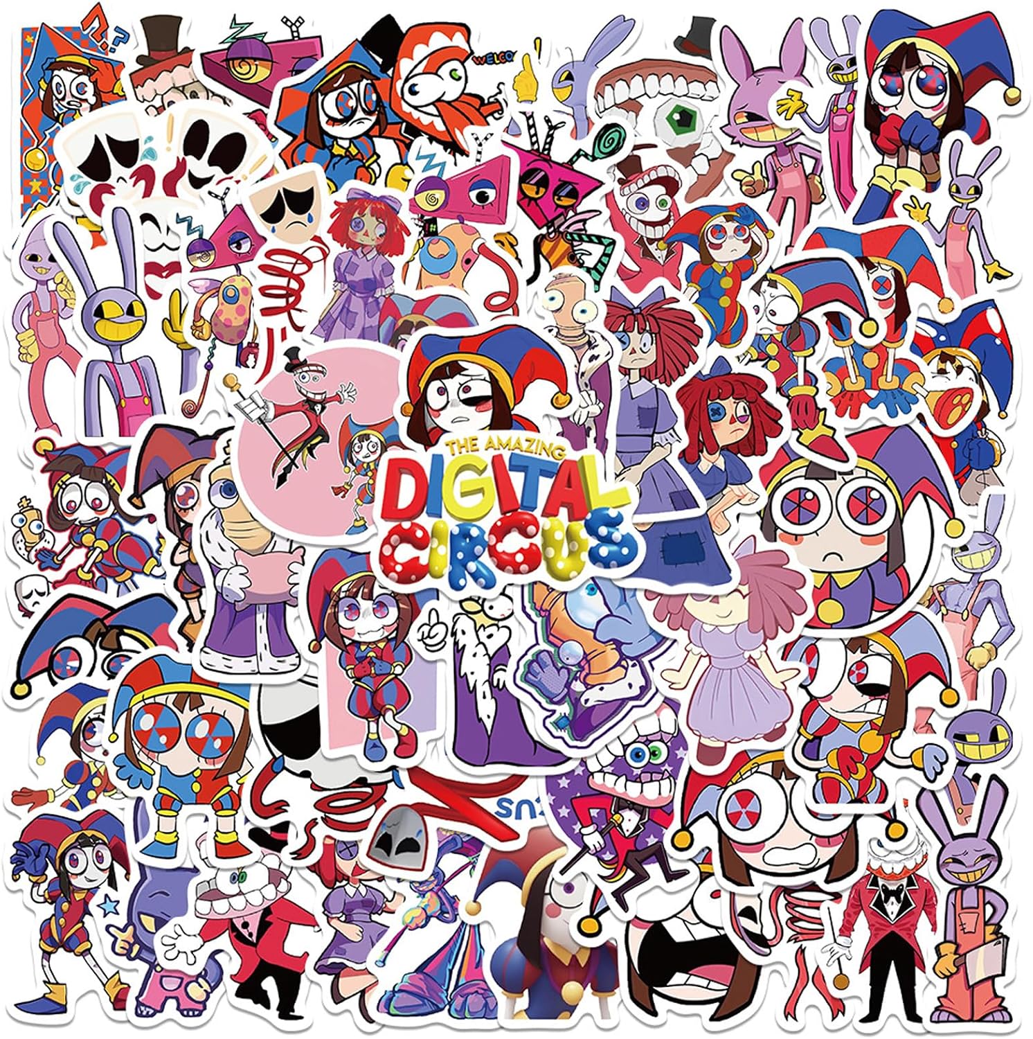 EDLMKM 56 pcs The Amazing Circus Stickers, Cute Stickers Pack, Waterproof Vinyl Sticker Decals, for Laptop, Skateboard, Water Bottles, Computer, Phone, Guitar, Vinyl Decals for Kids, Toddlers, Teens,