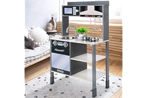 GREEN SERIES Kinderplay Cucina giocattolo in legno per bambini – 100 cm con cappa luminosa e suoni – Forno e microonde con chiusura a scatto – Lavello estraibile – Accessori inclusi – 3+ anni