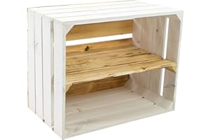 ‎KISTENKOLLI ALTES LAND flambierte/geflammte Bücherregal - Schuhregalkiste mit Zwischenbrett/Mittelbrett Einlage ca 50x40x30cm / Apfelkisten Weinkisten Holzkisten aus dem Alten Land (Weiss FLAM Boden FLAM LÄNGS)