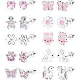 LOLIAS 10 Pairs Cute Earrings with Screw Back for Women and Girls Stainless Steel Multi-Coloured Heart Flower Butterfly Rainb