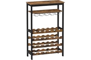 SONGMICS Étagère à Vin 24 Bouteilles, Meuble Rangement avec 5 Rangées Porte-Verres, pour Cuisine, Bar, Salle à Manger, Cave, Marron Rustique et Noir KWR028B01