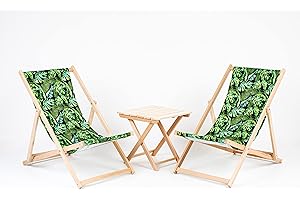 MERINO WOOL 2X Tumbonas + Mesa Tumbonas de Madera, Plegables, con Funda de Tela Intercambiable Hecha de Madera de Haya Tumbona de Exteriores Plegado Sillas Jardín (BANAN Leaves)