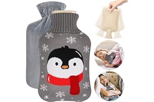 Wärmflasche mit bezug, FRECOO Wärmekissen 2 Liter mit Strickbezug Rollkragen Wärmekissen,Weiche Flaum Wärmeflasche, Frei Von Schadstoffen, Wärmflaschen für Kinder, Babys, Erwachsene （Pinguin）