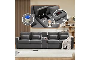 AUTHERIA Divano 4 Posti con Braccioli e 2 USB Porte, Divano 4 Posti con 2 Portabevande e Console, Mobili Soggiorno Imbottiti con Tasche per braccioli e 4 Cuscini, Moderno Divano in Tessuto di Lino,Grigio Scuro