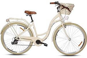 Goetze Mood - Bicicleta de ciudad retro vintage holandesa para mujer, ruedas de aluminio de 28 pulgadas, cambio Shimano Tourney de 7 velocidades, subida profunda, cesta con acolchado