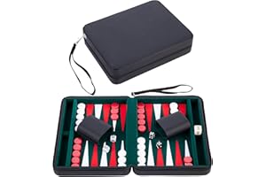 Engelhart – 250502 – Travel Backgammon Set 9-Inch Deluxe with Inlay Felt – Black Zipper Closure (Green, Red, White)