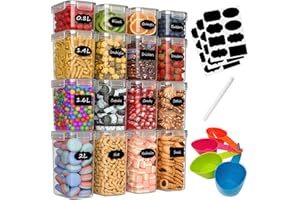 anshuke Pudełko do przechowywania kuchni, zestaw 16 sztuk, plastikowe pudełko do przechowywania żywności, organizacja pudełek do cereales, mąki, makaronu (2 l 1,6 l 1,4 l 0,8 l)