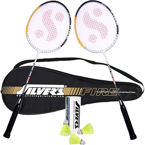 Silver\'s Aluminium Fire Badminton Kit (2 Racquets with Full Cover, 1 Box Shuttlecock Pack of 3) Black, Aluminium, FIRE Combo 2 with Nylon Shuttle, Black/White