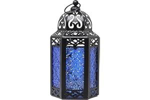 VELA LANTERNS Black Metal Decorative Moroccan Lantern Candle Holder Lamp for Indoor or Outdoor Home Decor, Small, Cobalt