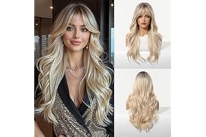 Esmee Perruques Longues Ondulées Blondes Dégradées pour Femmes avec Frange Cheveux Synthétiques Naturels Perruque pour Usage Quotidien et Soirée