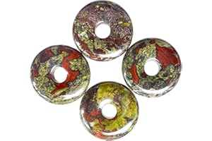 Ladeukoi Large Hole 7mm Round Gemstone Disc Lucky Coin Pendant Bead Charms for Jewelry Making, Polished Crystal Amulet Peace Circle Donut Stone Beads Supplies 1.18”(30mm),4Pcs, Dragon Bloodstone