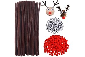 XNBTFK 350 PCS Brown Pipe Cleaners Christmas Craft Supplies, Long Pipe Cleaners Limpia Pipas Para Manualidades Googly Eyes Self Adhesive, Fluffy Pipe Cleaners for Christmas Reindeer Project