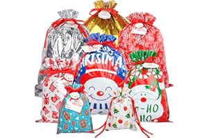 POPGIFTU 40pcs Christmas Drawstring Gift Bags in 8 Design and 8 Size Assorted Christmas Bags Wrapping Bags, Christmas Goodie Bags with Wrapping Name Tags for Wrapping Holiday Christmas Party
