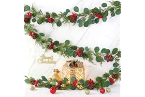 Dremisland Guirnalda Navidad de Eucalipto con Frutos Rojos Artificial Guirnalda de Acebo Navideña Guirnalda Decorativa para Chimenea Escalera Mesa de Navidad Puerta Baranda Interior y Exterior Decorar