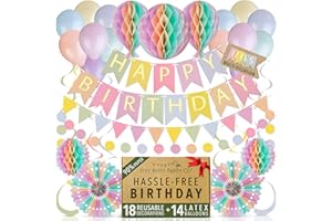ITSY BITSY PARTY CO Premium Reusable Party Decorations - Pastel Birthday Set with Balloons, Banner, Bunting, Honeycomb Decorations, Pom Poms, Streamers