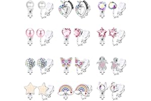 FIOROYAL 12 Pares Pendientes Clip Niña Sin Agujero Hipoalergenicos Acero Inoxidable para Niñas Mujer Lindos Mariposa Flor Perla Oreja Clip Sin Piercing Niña Pendientes