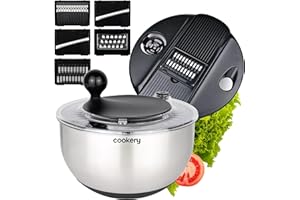 Cookery Salatschleuder aus Edelstahl (4,5l) + Gemüsehobel mit 5 Klingen | einfaches Salatschleudern durch rutschfesten Boden und Kurbelantrieb