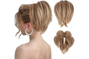 SEGOHAIR Claw Clip Short Ponytail Extension Messy Bun Hair Piece, Bendable Metal Wire Fake Bun Hair Pieces for Women-Fake Ponytail DIY Styles Hair Buns Hair Piece-Caramel Brown to Mousy blonde