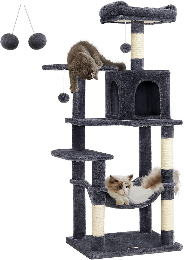 Feandrea PCT161G01 tırmalama ağacı, 143 cm yüksekliğinde, kedi ağacı, çok katlı kedi evi, 4 tırmalama sütunu, 2 platform, hamak, mağara, duman grisi