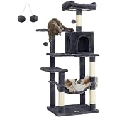 Feandrea PCT161G01 tırmalama ağacı, 143 cm y&uuml;ksekliğinde, kedi ağacı, &ccedil;ok katlı kedi evi, 4 tırmalama s&uuml;tunu, 2 platform, ham