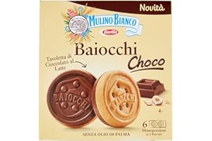 Mulino Bianco Biscotti Baiocchi Choco, Biscotto di Pastafrolla e Tavoletta di Cioccolato al Latte con Nocciole, Ottimi come Snack 144 gr
