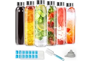 HYCKee 6 Pack 500ml Glass Water Bottles With Airtight, Leakproof Metal Lids, 18oz Empty Clear Juice Bottles with Clean Brush for, Water, Kombucha, Wine, Beer Brewing, Smoothies, Milk