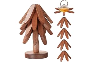 Christmas Tree Wooden Trivets and Coasters Set, Natural Wood Heat Resistant Pads for Hot Pots and Dishes, Kitchen and Table Decoration,5 Wooden Trivets + 1 Stand Stored Set,Eolax (Sapele)