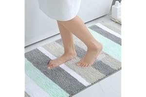 Homaxy Tapis de Bain Antiderapant,Tapis Salle de Bain Rayé en Microfibre Douce, Absorbant à Poils Longs, Lavable en Machine - 60 x 120 cm, Vert/Gris