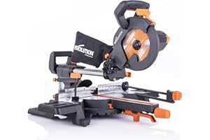 Evolution Power Tools - R210SMS-300+ Ingletadora deslizante multimaterial de 210 mm (230 V), con paquete plus, Corta acero dulce, aluminio, plástico, madera con clavos incrustados